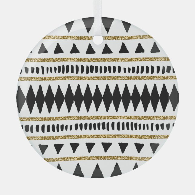 Ethnisches Muster des Black Gold Glitzer Ornament Aus Glas (Vorderseite)