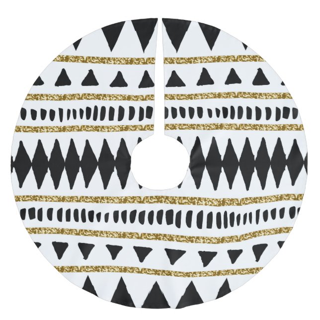 Ethnisches Muster des Black Gold Glitzer Polyester Weihnachtsbaumdecke (Vorderseite)