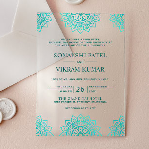 Ethnisches Teal-Mandala Indische Hochzeit Acryleinladungen