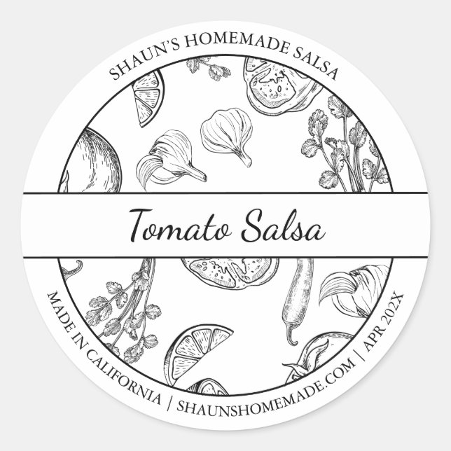 Etikett "Black & White Sketch Tomato Salsa" Runder Aufkleber (Vorderseite)