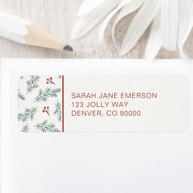 Etikett der botanischen Rückgabeadresse für den Ur (Greenery and Red Berries Botanical Personalized Holiday Return Address Label by Painted Paperie)