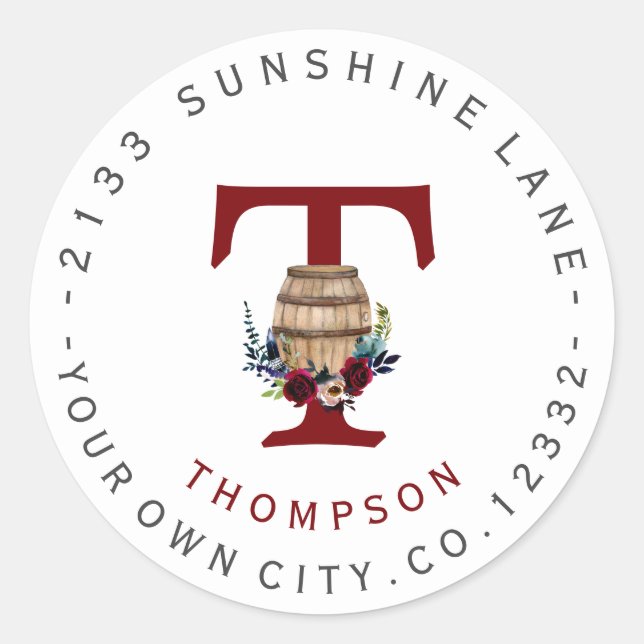 Etikett für Barrel Burgundy Floral Circle Address Runder Aufkleber (Vorderseite)