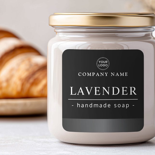 Etikett für das schwarze Logo auf grauem Satin Quadratischer Aufkleber (Gray satin border black logo product label)