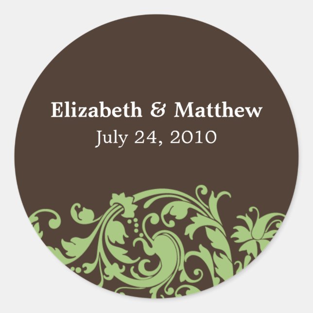 Etikett für die Gastgeschenk Hochzeit Grün/Braun/B Runder Aufkleber (Vorderseite)