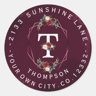 Etikett für die kreisförmige Borgundy-Floral-Monog Runder Aufkleber