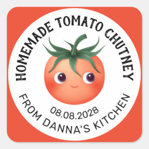 Etikett für hausgemachte Tomaten-Chutney mit Baby- Quadratischer Aufkleber
