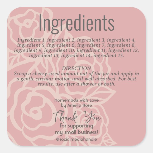 Etikett für korallrosa Blumenbestandteile mit eleg Quadratischer Aufkleber (Vorderseite)