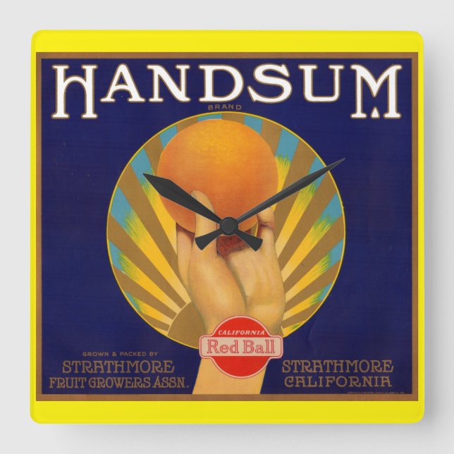 Etikett für orangefarbene Kiste 1930 - Handsum Quadratische Wanduhr (Vorderseite)