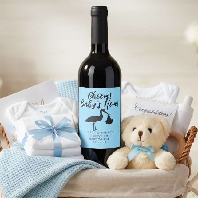 Etikett für Stork und Baby Cheers Blaue Weine (Cheers! Baby's Here! A cute blue wine bottle label just for you)