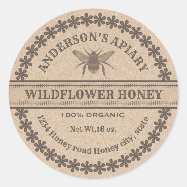 Etikett für Vintage Kraft-Honigbienen Runder Aufkleber (Vorderseite)