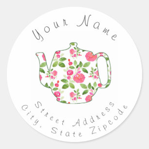 Etikett "Rose Muster Watercolor Teapot" Runder Aufkleber