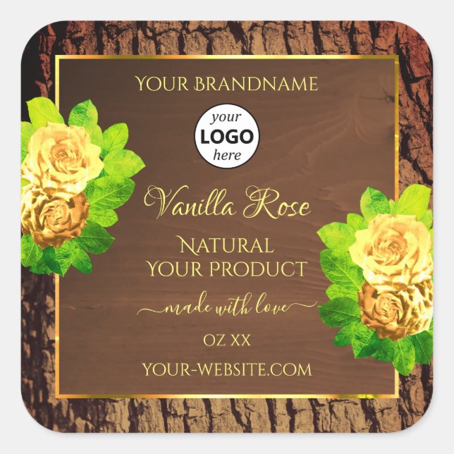 Etikett und Logo von Holzkörnchen mit Baumrinde Quadratischer Aufkleber (Vorderseite)