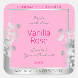 Etiketten für rosa Blumenprodukte Silberrahmen Quadratischer Aufkleber