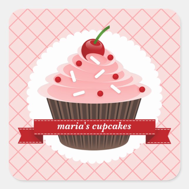 Etiketten für rosa Cupcake-Küche Quadratischer Aufkleber (Vorderseite)