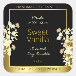 Etiketten für Schwarz-Gold-Blume Quadratischer Aufkleber