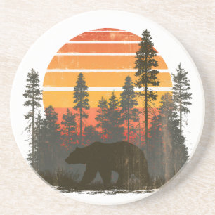 etro 70er Jahre Bär im Wald Sonnenuntergang Unters Getränkeuntersetzer