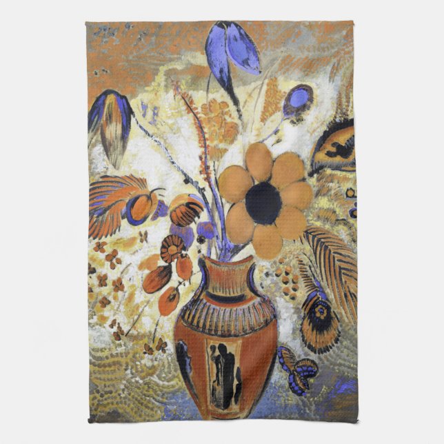 Etruskische Vase mit Blume, Redon Geschirrtuch (Vertikal)