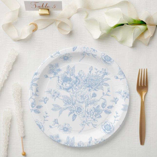 Etwas Blau, bevor ich Blue Floral Toile Pappteller (Hochzeit)