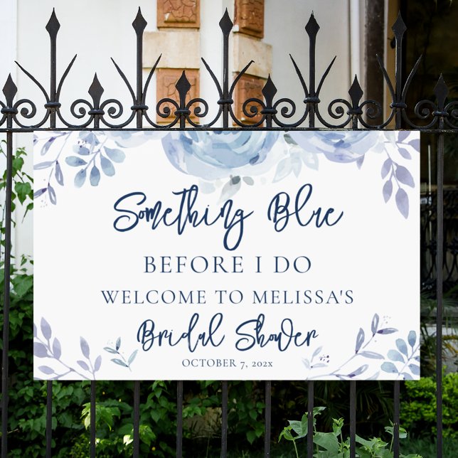 Etwas Blau, bevor ich florales Brautparty mache Banner (Dusty Blue Floral Script Something Blue Bridal Shower Banner)