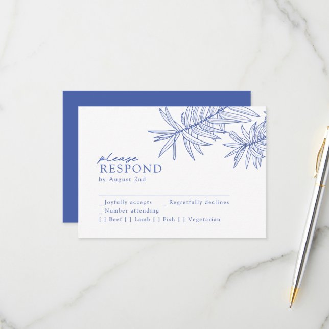 Etwas Blau Minimalistisch botanisch RSVP Karte (Vorderseite/Rückseite Beispiel)