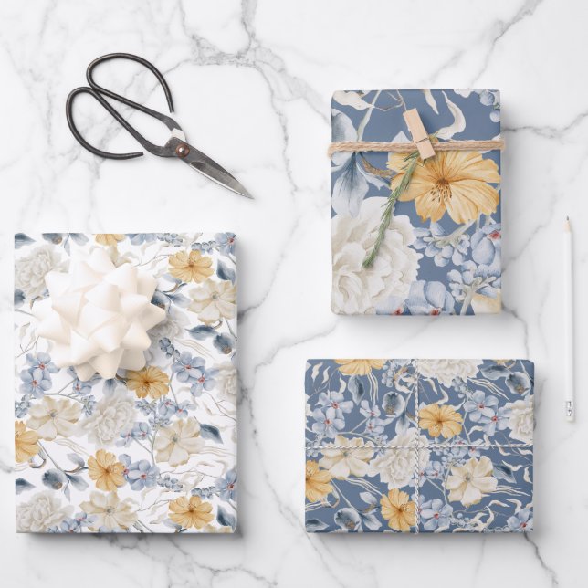 Etwas Blau, stilvolle Blumenmuster Geschenkpapier Set (Vorderseite)