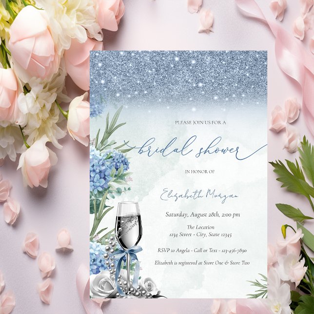 Etwas Blaue Schleife Glitter Champagner Hydrangea Einladung (Von Creator hochgeladen)