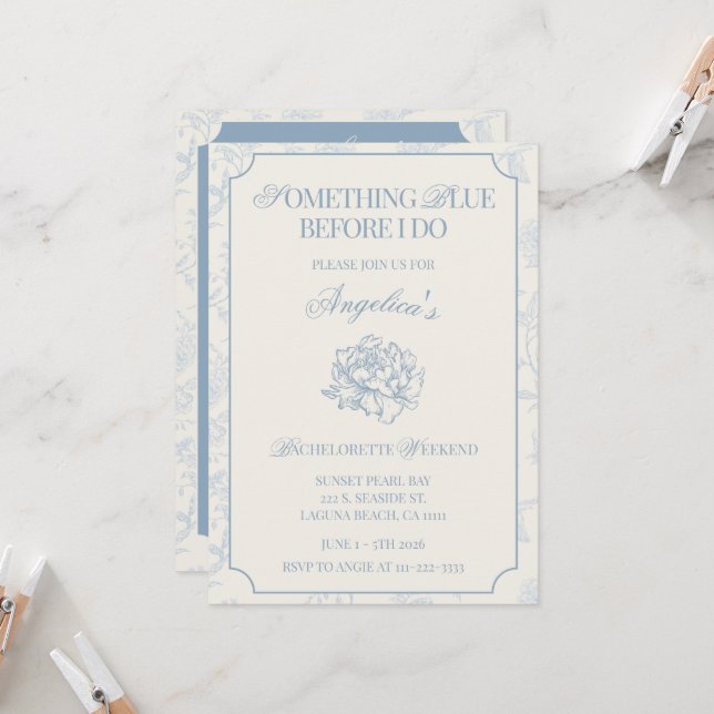 Etwas Blaues, bevor ich heirate: Junggesellinnen-A Einladung (Vorderseite/Rückseite Beispiel)