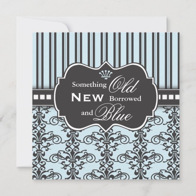 Etwas blaues Damast-u. Streifen-Brautparty Einladung (Vorderseite)