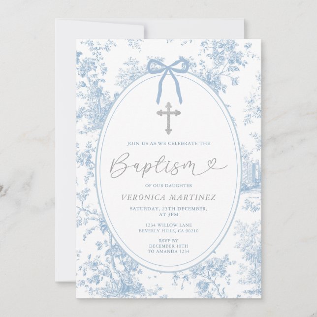Etwas Blaues Vintage-Taufe Silber-Glitter-Bogen Einladung (Vorderseite)