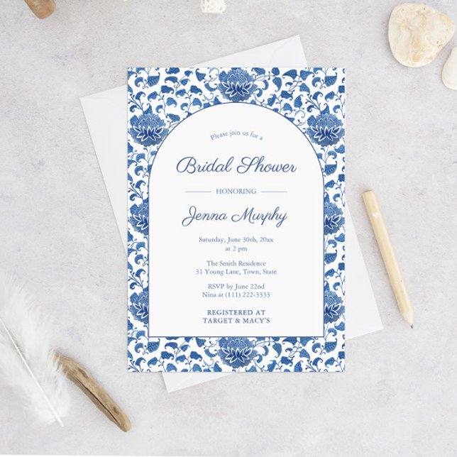 Etwas Blue Antique Chinoiserie Polterabend Einladung (Arch Shape Blue And White Chinoiserie Pattern Bridal Shower Invitation)