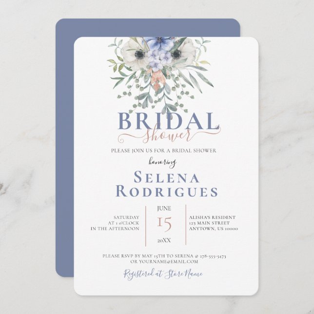 Etwas Blue Bouquet Illustration Brautparty Einladung (Vorne/Hinten)