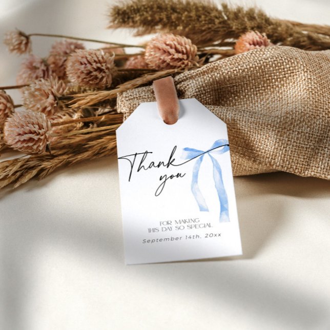 Etwas Blue Bow verbindet das Brautparty des Knoten Geschenkanhänger (Blue bow thank you tag for a "something blue before I do" themed bridal shower)