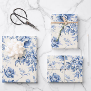Etwas Blue Floral French Toile Chinoiserie Geschenkpapier Set