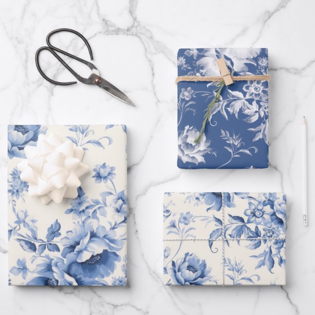Etwas Blue Floral French Toile Chinoiserie Geschenkpapier Set (Vorderseite)