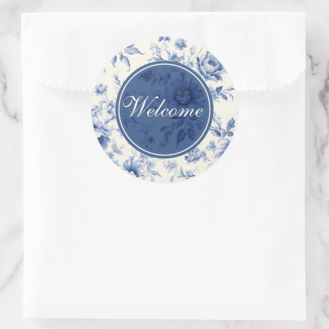 Etwas Blue Floral French Town Willkommen Runder Aufkleber (Tasche)