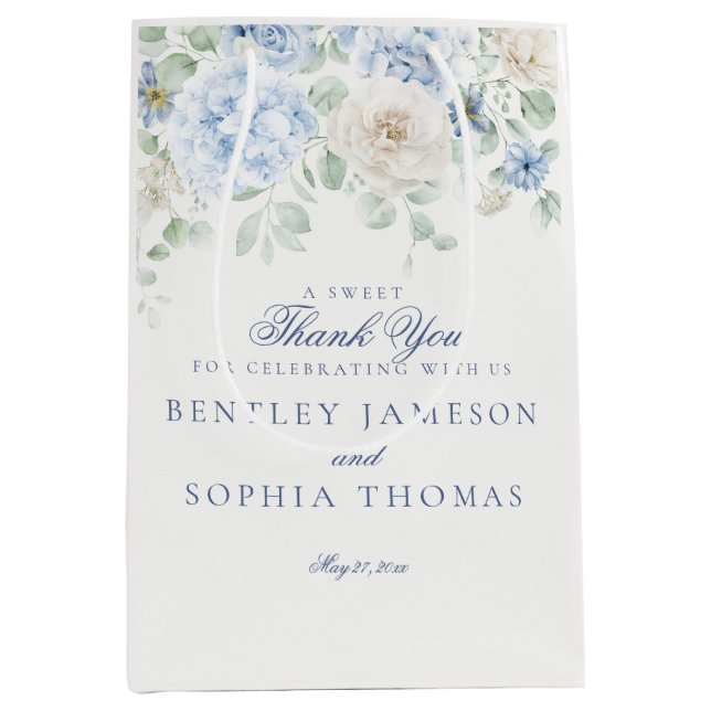Etwas Blue Floral Hydrangea Gastgeschenk Hochzeit Mittlere Geschenktüte (Vorderseite)