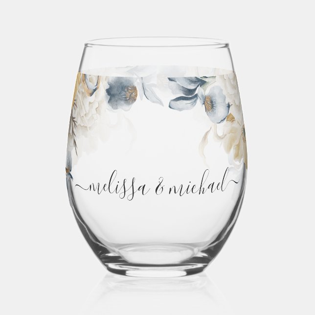 ETWAS BLUE Floral Wedding Danke Weinglas Ohne Stiel (Links)