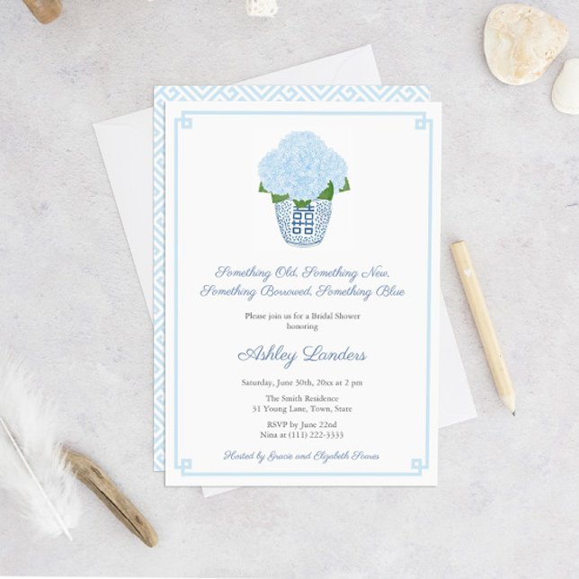 Etwas Blue Hydrangea Ginger Jar Brautparty Einladung (Pale blue hydrangea in ginger jar Something Old, Something New, Borrowed, Blue, Bridal Shower Invite)