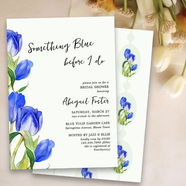 Etwas Blue Spring Tulip Blume Brautparty Einladung (Something Blue Bridal Shower Invitation with blue tulips)