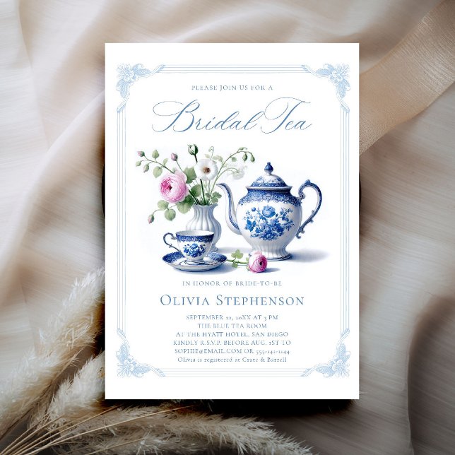 Etwas Blue Toile Frame Chic Bridal Teedusche Einladung (bridal tea invitation toile chinoiserie something blue frame roses floral flower elegant classic)