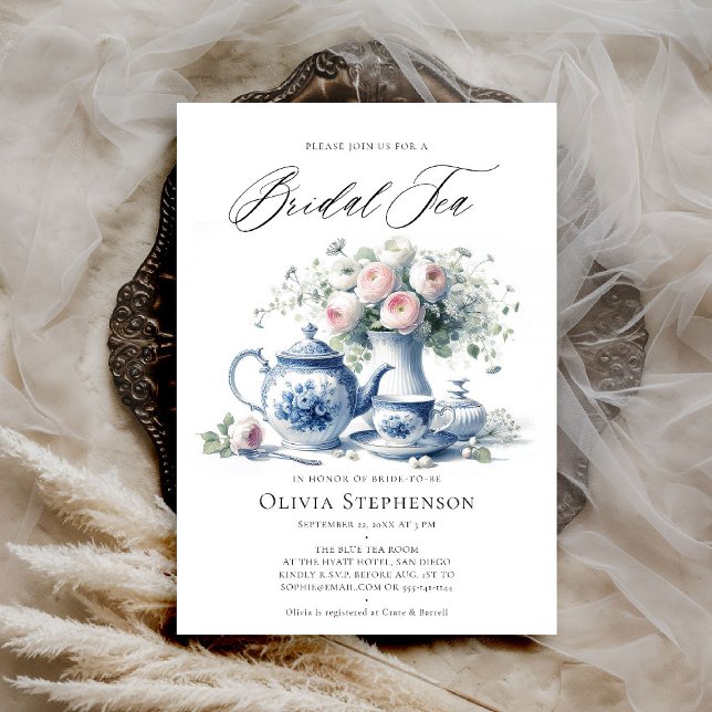 Etwas Blue Toile Tee Set Bridal Teedusche Einladung (bridal tea invitation toile chinoiserie blue tea set roses floral flower elegant modern classic chic)