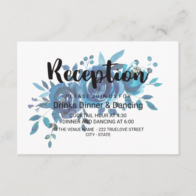 Etwas Blue Watercolor Floral Hochzeitsempfang Begleitkarte (Vorderseite)