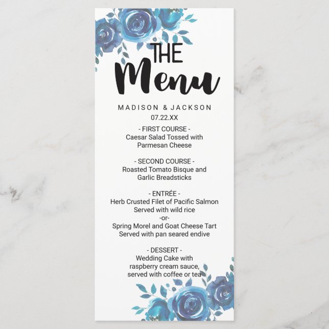 Etwas Blue Watercolor Floral Wedding Menu Menükarte (Vorderseite)