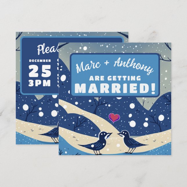 Etwas Blue Winter Love Birds Hochzeit Save The Date (Vorne/Hinten)