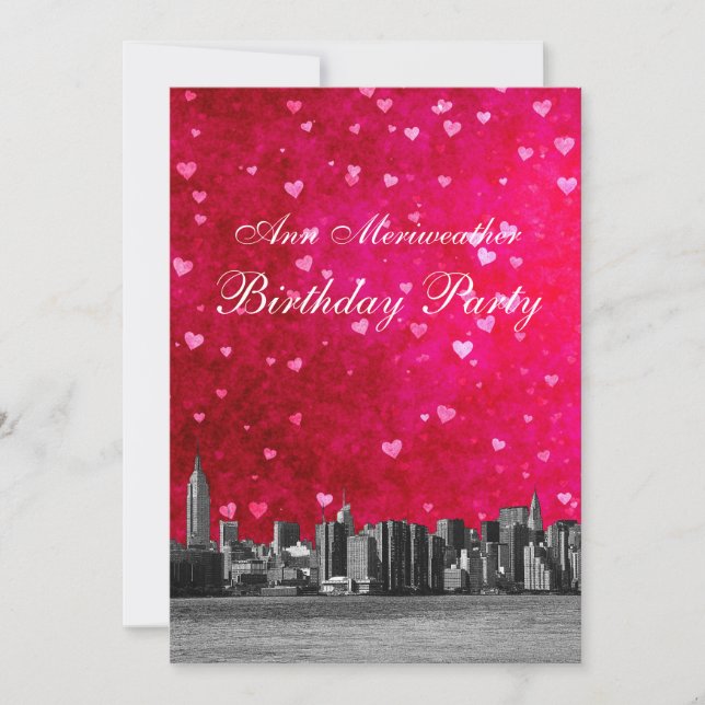 Etwas NYC Skyline Hot Pink Red Heart Birthday V Einladung (Vorderseite)
