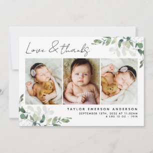 Eucalyptus 3 Foto Baby Geburtsstatistiken Dankeskarte
