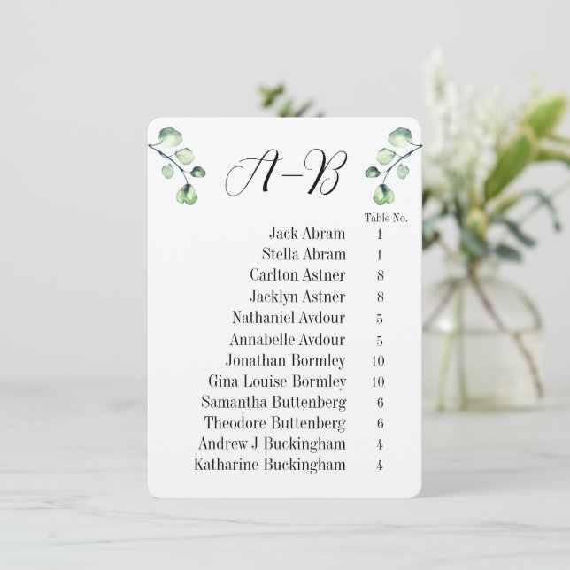Eucalyptus Alphabetical 12 Guest Table Chart Cards Einladung (Stehend Vorderseite)
