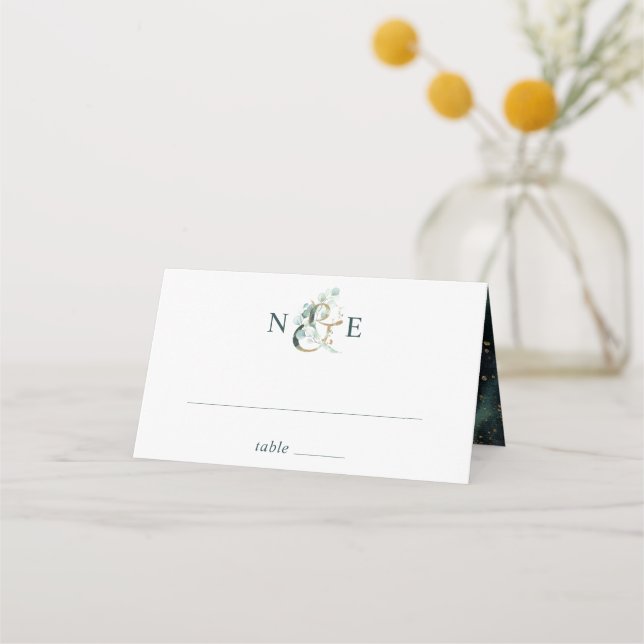 Eucalyptus Ampersand Gold Green Wedding Platzkarte (Vorderseite)