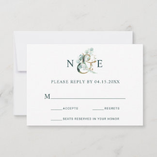 Eucalyptus Ampersand Gold Green Wedding RSVP Karte