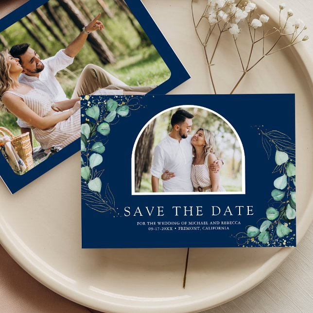 Eucalyptus Arch Photo Navy Blue Wedding Save The Date (Von Creator hochgeladen)